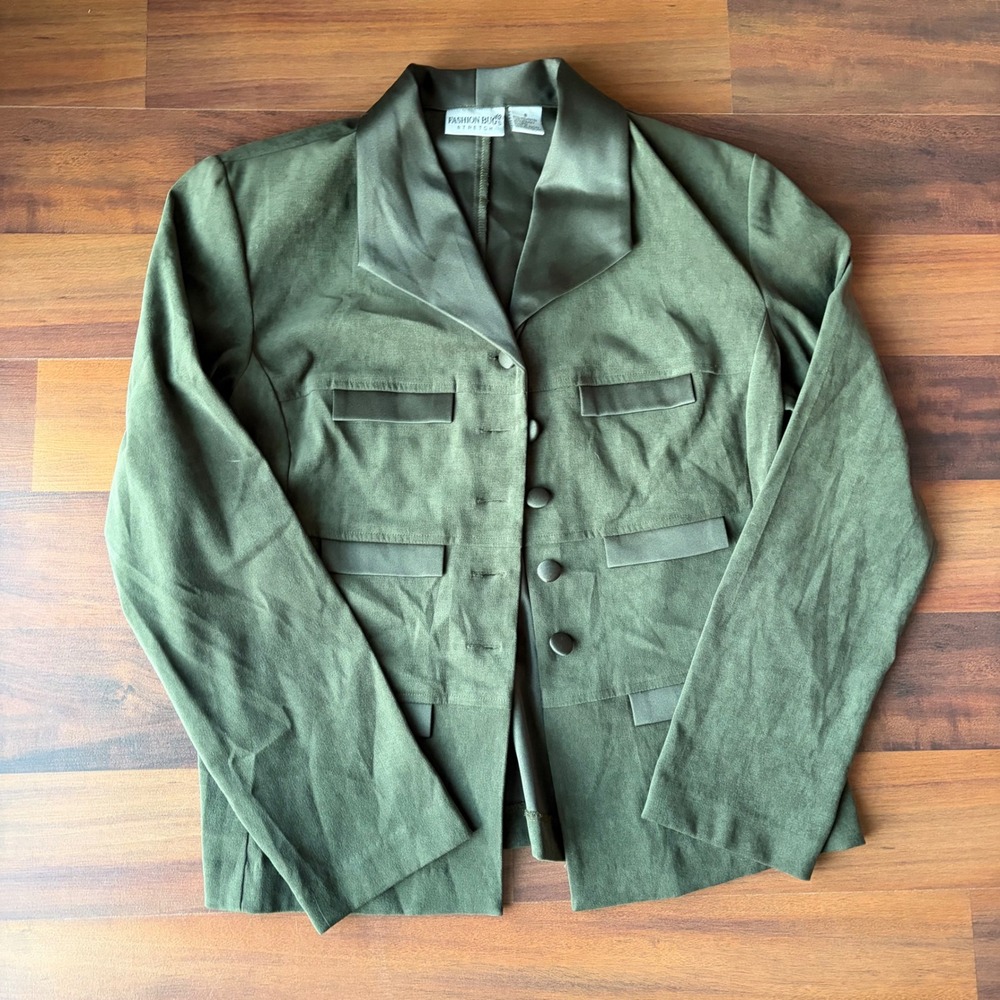 Fashion Bug Stretch Olive Green Blazer Jacket Women's Size 8 Satin Lapel